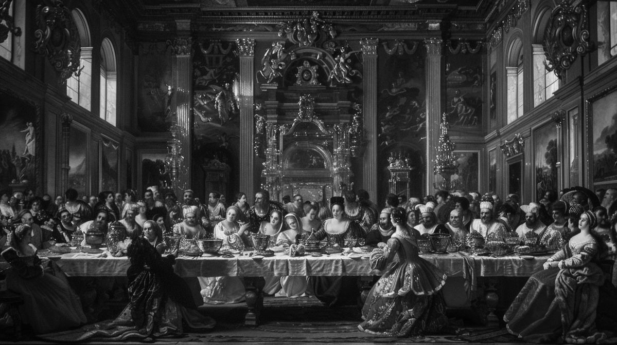 A grand banquet in a palatial hall, in black and white