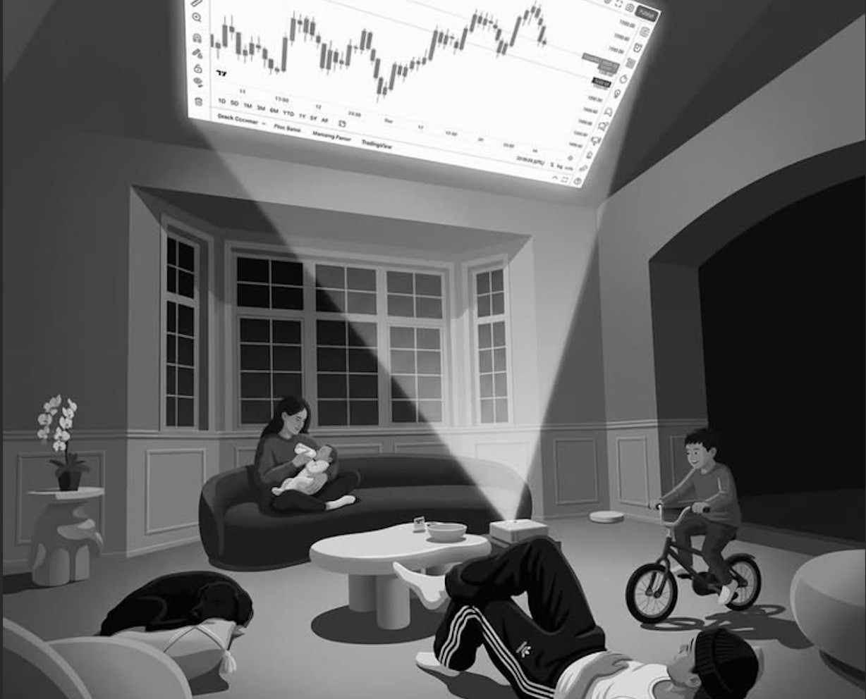 A family living room at night with a stock chart projected onto the ceiling, in black and white