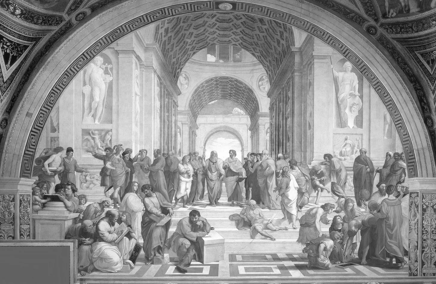Raphael's The School of Athens in black and white
