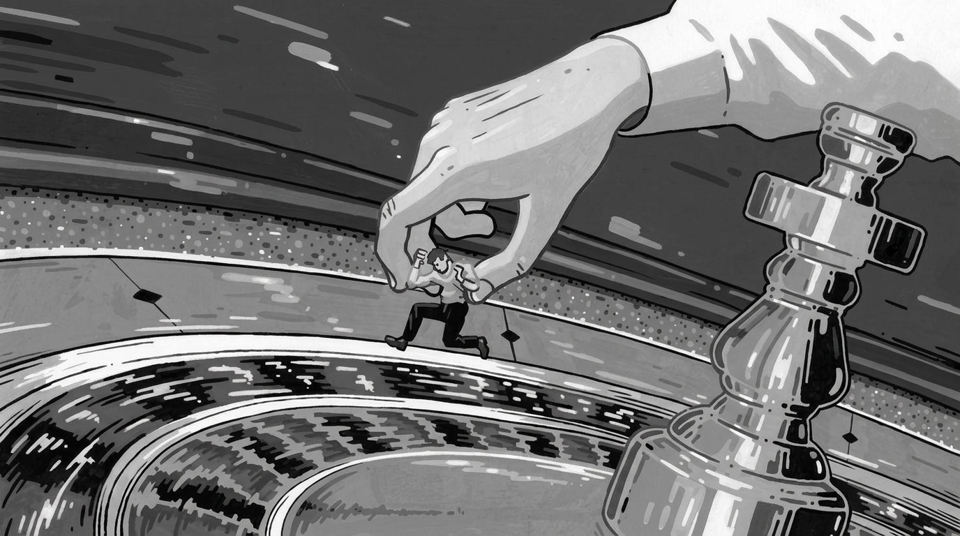 A gambler being moved like a chess piece beside a roulette wheel, in black and white